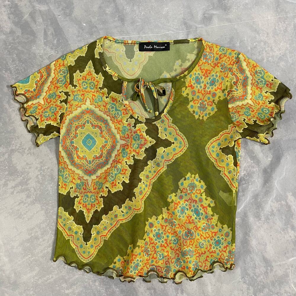 Vintage 00s euro mesh abstract floral graphic tee with lettuce hem (S/M)